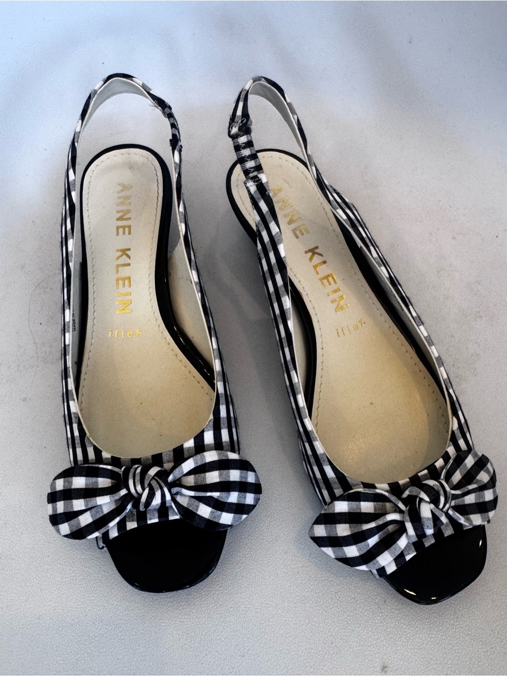 Anne Klein iFlex Black & White Gingham Bow Slingback Wedges 8M
